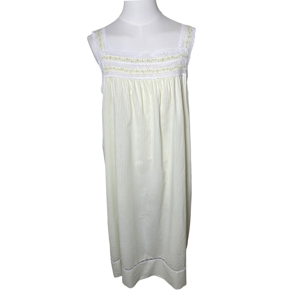 Vintage Cotton Nightgown Lace Trim Yellow Stripe Aria Women Large Cottagecore